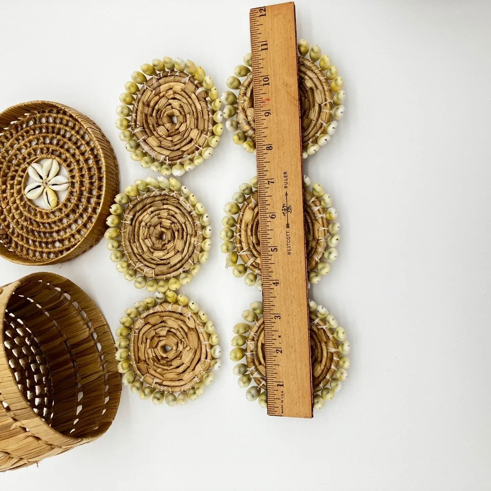Woven Straw Coaster Set 6pc Natural Cowrie Shell Trim Boho Coastal